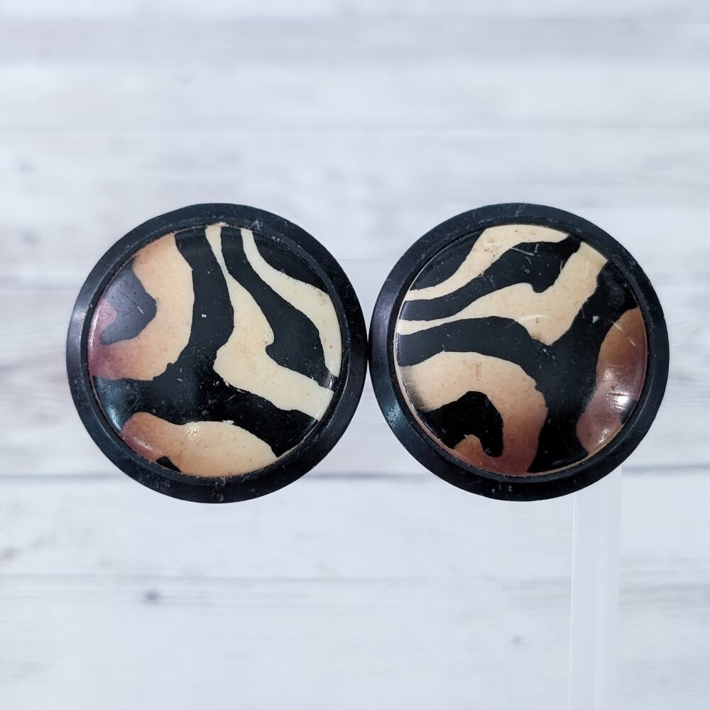 Vintage Clip On Earrings Very Large 1.5" Animal Print Statement